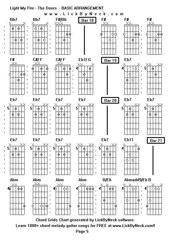 Chord Grids Chart of chord melody fingerstyle guitar song-Light My Fire - The Doors  - BASIC ARRANGEMENT,generated by LickByNeck software.